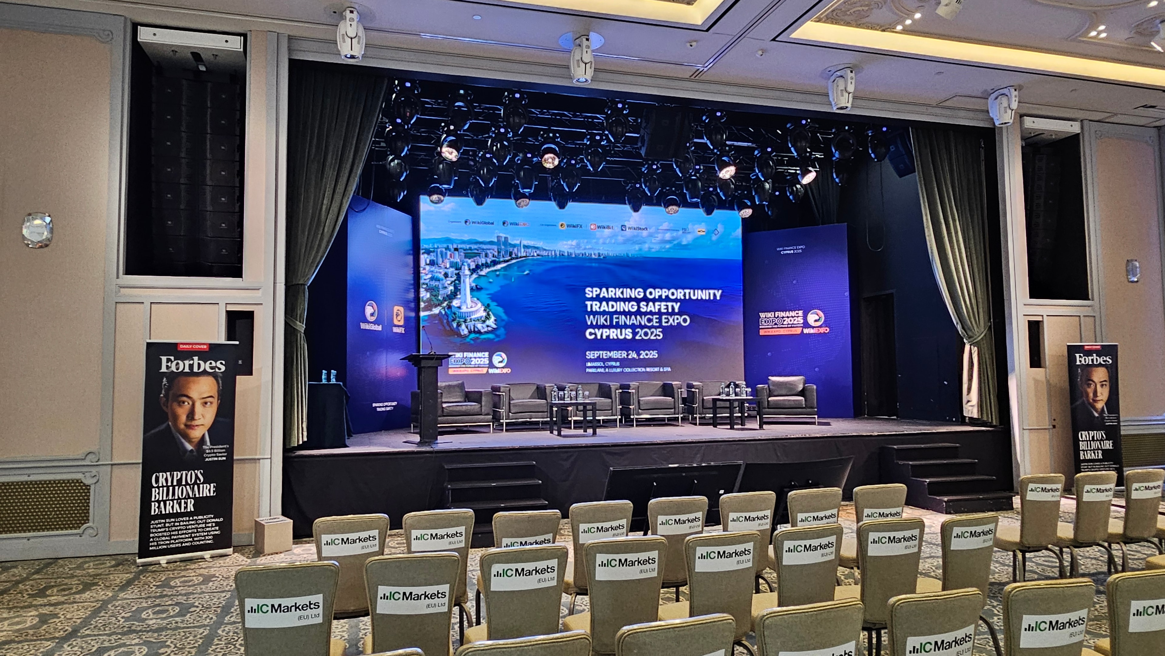 Conference stage with LED screen, projection and audience seating